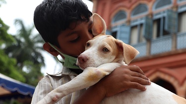 Junge mit Mundschutz hält einen Hund auf dem Arm | Bild: picture alliance / ZUMAPRESS.com | Sri Loganathan