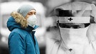 Bildmontage: Frau mit FFP2-Maske in Farbe im Vordergrund, Archivbild der Pandemie von 1918 in schwarz-weiß im Hintergrund | Bild: Adobe Stock/hr
