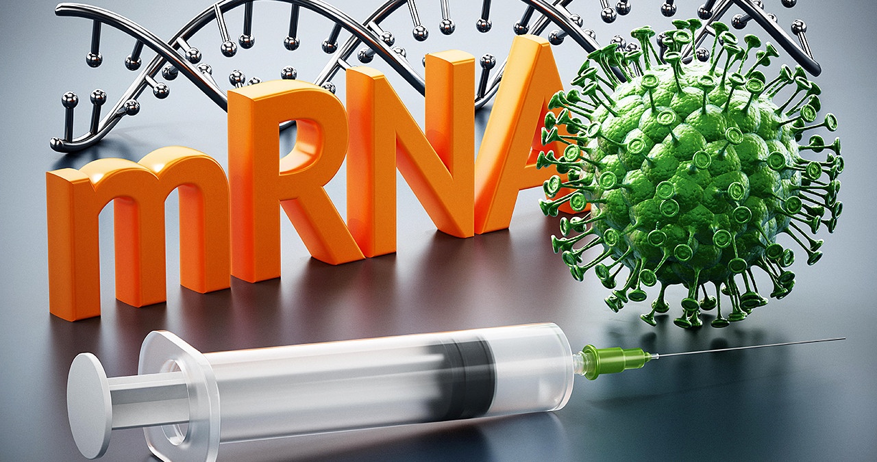 Spritze, die Buchstaben mrna, ein 3-D-Modell der DNA und ein Modell eines Virus vor grauem Hintergrund. | Bild: picture-alliance/dpa/Zoonar /Cigdem Simsek