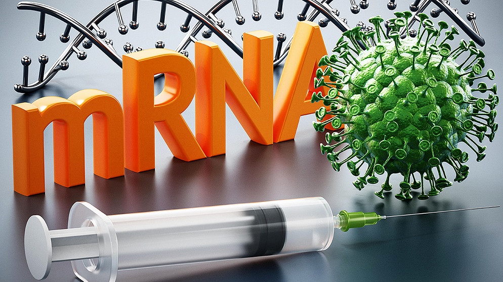 Spritze, die Buchstaben mrna, ein 3-D-Modell der DNA und ein Modell eines Virus vor grauem Hintergrund. | Bild: picture-alliance/dpa/Zoonar /Cigdem Simsek