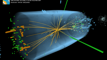 Ein Higgs-Teilchen lässt sich nicht direkt beobachten: Es zerfällt fast augenblicklich wieder in andere Teilchen. Indem Forschende diese Zerfallsprodukte aufspüren, können sie schließlich auf das Higgs-Teilchen schließen.  | Bild: CERN/CMS Collaboration