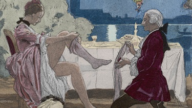 Giovanni Giacomo Casanova kniet vor einer Dame und reicht ihr Strümpfe (Zeichnung). | Bild: picture alliance / Mary Evans Picture Library