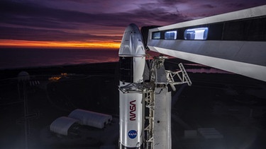 Die Dragon-Kapsel auf der Spitze einer Falcon-9-Rakete ist bereit: In ihr werden der deutsche Astronaut Matthias Maurer und seine US-Kollegen ins All zur ISS reisen. Die Aufnahme stammt vom 28. Oktober 2021.  | Bild: SpaceX