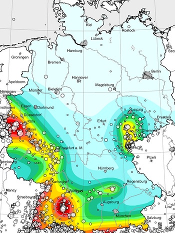 Karte Wahrscheinlichkeit von Erdbeben in Deutschland | Bild: G. Grünthal et al., Helmholtz-Zentrum Potsdam - Deutsches GeoForschungsZentrum GFZ