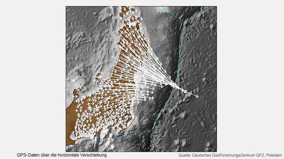 Das Erdbeben vor Japan 2011 in seiner ganzen Wucht: Grafische Auswertung der Plattenverschiebung auf Basis von GPS-Daten | Bild: GFZ Potsdam