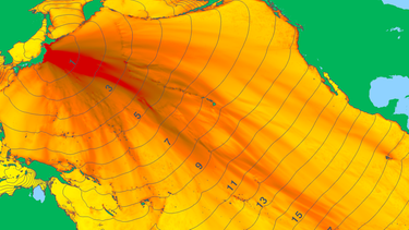 Nach dem Erdbeben 2011 in Japan: Wellenhöhe und Laufzeit des Tsunamis in Japan: Wellenhöhe und Laufzeit des Tsunamis in Honshu, Japan | Bild: Deutsches Geoforschungszentrum