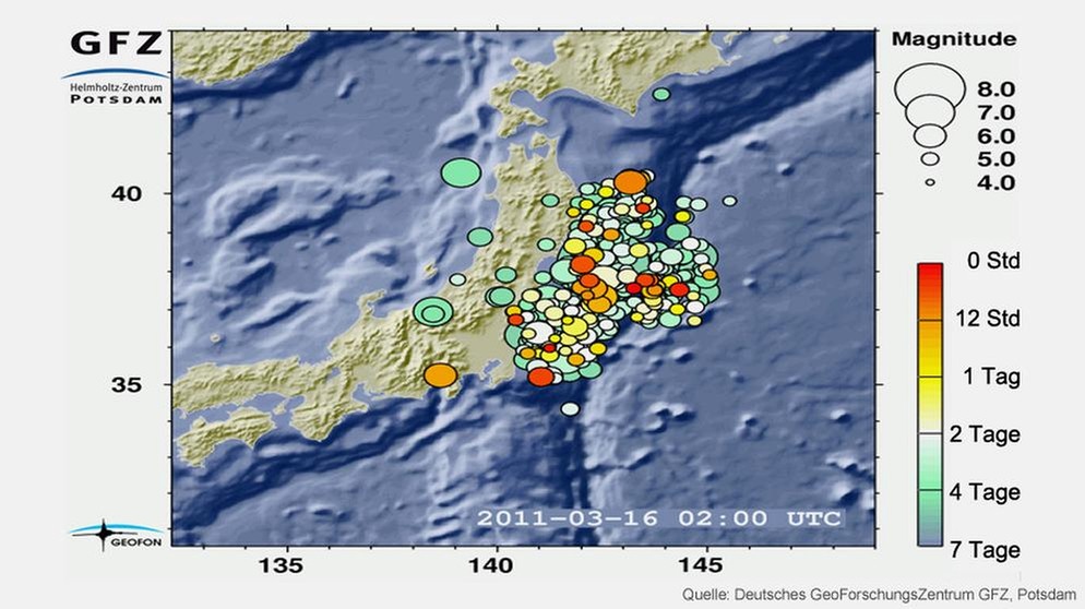Das Erdbeben vor Japan 2011 in seiner ganzen Wucht: Zeitlicher Verlauf des Bebens | Bild: GFZ Potsdam