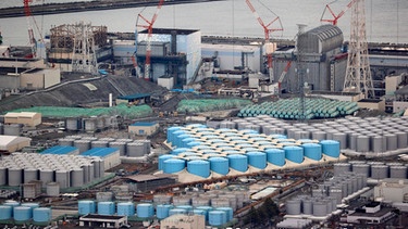 Atomkraftwerk Fukushima I mit hellblau gefärbten Wassertanks, in denen das radioaktiv verseuchte Kühlwasser zwischengelagert wird, am 16. Januar 2021.
| Bild: picture alliance / ASSOCIATED PRESS | Koji Ito