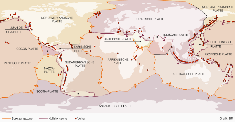 Karte: Kontinentalplatten und vulkanische Tätigkeit auf unserem Planeten | Bild: BR