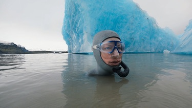 Die Apnoe-Taucherin Anna von Boetticher taucht in der isländischen Gletscherlagune Fjallsarlon des Vatnajökul. Ihr Kopf ragt aus dem Wasser, im Hintergrund sind Eisberge zu sehen. Anna von Boetticher ist auch schon oft mit Haien getaucht. Einen Haiangriff hat sie zum Glück noch nie erlebt.  | Bild: NDR/Waterwoman