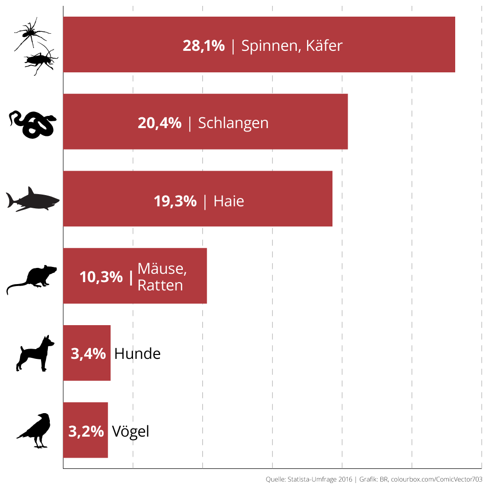 Infografik: Angst vor Tieren in Deutschland (2016) | Bild: Statista-Umfrage 2016, Grafik: BR, colourbox.com/ComicVector703