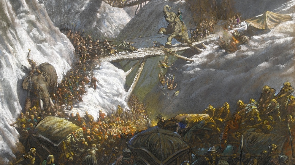 218 v. Chr. überquerte der karthagische Kriegsherr Hannibal mit seinem Heer die Alpen, um gegen die Römer zu kämpfen. Mit dabei: 37 Kriegselefanten.  | Bild: picture-alliance / Mary Evans/Raymond Sheppard Coll | -
