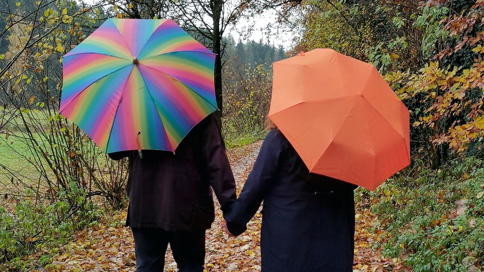 Paar mit bunten Regenschirmen. Warum verlieben wir uns ausgerechnet in diese eine Person? Hinter Liebe steckt wenig Romantik. Unser Körper bestimmt, wen wir anziehend finden. | Bild: picture alliance / Uta Poss | Uta Poss
