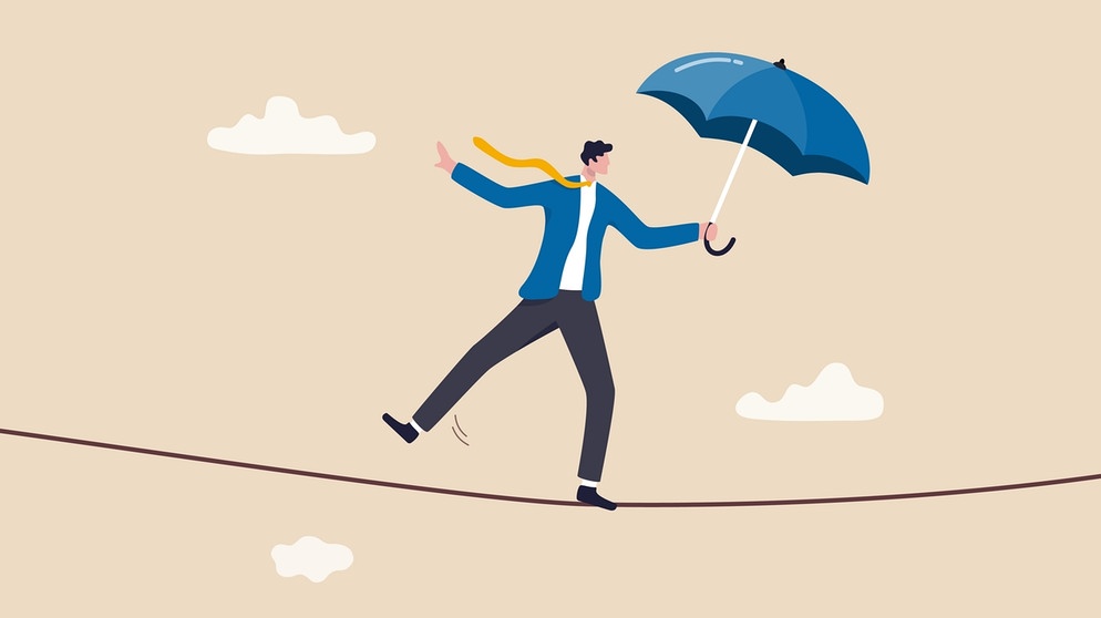 Graphik: Ein Mann balanciert auf einem Seil und hält dabei einen offenen Schirm in der Hand. | Bild: colourbox.com