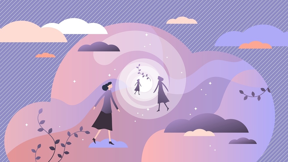 Graphische Darstellung einer wolkenumgebenen Lichtspirale und einer Frau, die sich darauf zu bewegt. | Bild: colourbox.com