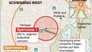 Evakuierungszone der Kampfmittelbeseitigung in München-Schwabing, Ende August 2012 | Bild: picture-alliance-dpa/infografik