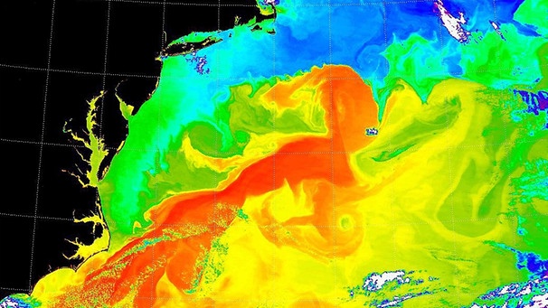 Darstellung der Temperaturunterschiede des Golfstroms im Atlantik. Ohne den Golfstrom wäre es bei uns im Schnitt mehrere Grad kälter. Klimaforscher erwarten, dass der Golfstrom schwächer wird - mit zum Teil dramatischen Folgen. | Bild: picture-alliance/dpa/nasa