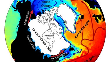 Klimamotor Golfstrom: Arktische Schmelzwasserflut löste letzte Kaeltephase der Eiszeit aus. Ohne den Golfstrom wäre es bei uns im Schnitt mehrere Grad kälter. Klimaforscher erwarten, dass der Golfstrom schwächer wird - mit zum Teil dramatischen Folgen. | Bild: Alan Condron/UMass Amherst/dapd