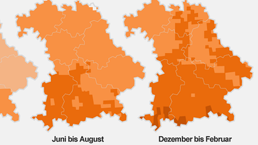 Steigende Durchschnittstemperatur in Bayern, Prognose-Werte für 2071 bis 2100. Im Jahresmittel ist die Temperatur in Bayern zum Ende des Jahrhunderts um 3 Grad höher als im Vergleichszeitraum 1961 bis 1990, im Süden sogar um 4 Grad. In den Sommermonaten und im Winter werden die Steigerungen noch größer sein. Studie der Universität Bayreuth (2008) im Auftrag des Bayerischen Landesamts für Umwelt. | Bild: BR