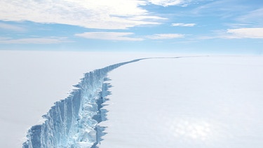 Ein Foto, das aus der Luft gemacht wurde, und von der ESA am 02.08.2017 veröffentlicht wurde, zeigt einen gigantischen Riss im Larsen-C-Schelfeis in der Antarktis. Über ein Jahr nach seinem Abbruch vom Larsen-C-Schelfeis in der Antarktis setzt sich der Eisberg A68 gemächlich in Bewegung. Das "Ewige Eis" unserer Polkappen schmilzt: Am Nord- und Südpol macht sich der Klimawandel besonders bemerkbar. Könnten Arktis und Antarktis im Sommer bald eisfrei sein und was sind die Folgen, wenn große Mengen an Eis schmelzen? | Bild: BAS/ESA/dpa