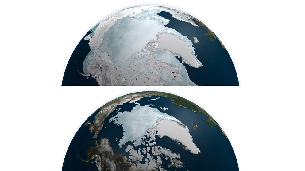 Satellitenbild der Arktis im März 2011 (oben) und September 2011 (unten). Am Ende des Winters ist die Fläche des Meereises größer als am Ende des Sommers. | Bild: NASA