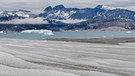 Gletscher in Grönland: Durch die zunehmende Schneeschmelze in der Arktis wird Mineralstaub frei, der die Gletscher verschmutzt und eindunkelt. So reflektieren sie weniger Sonnenlicht und schmelzen noch schneller ab. | Bild: picture-alliance/dpa