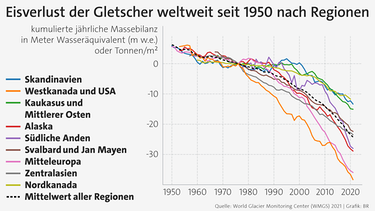 Weltweit schmelzen die Gletscher und verlieren Jahr für Jahr an Eis. Grafik der Eisverluste durch Gletscherschmelze zwischen 1950 und 2020. Quelle: World Glacier Monitoring Service | Bild: BR