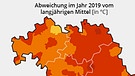 Grafik: Jahresdurchschnittstemperatur in Bayern im Jahr 2019 im Vergleich zum langjährigen Mittel von 1961-1990. Das Jahr 2019 war wieder unter den Top Ten der wärmsten Jahre in Bayern.  | Bild: BR, Quelle: DWD