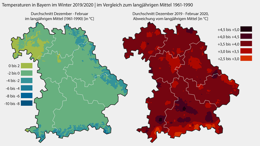 Grafik: Durchschnittstemperatur in Bayern im Winter von Dezember 2019 bis Februar 2020 im Vergleich zum langjährigen Mittel von 1961-1990. Der Winter 2019/20 war deutlich zu warm. | Bild: BR, Quelle: DWD