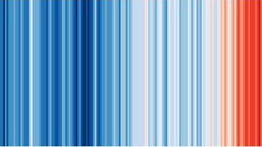 Jeder Streifen steht für ein Jahr, die Farbe richtet sich nach der globalen Mitteltemperatur des jeweiligen Jahres, dabei steht Blau für
kühl, Rot für warm;  | Bild: Ed Hawkins/www.showyourstripes.info