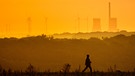 Ein Mann geht über einen Feldweg, während am Horizont das Kohlekraftwerk Mehrum zu sehen ist. | Bild: picture alliance/dpa | Julian Stratenschulte