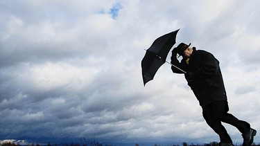 Mann kämpft mit Schirm gegen den Wind: Der Wind ist ein Wettertreiber. | Bild: picture-alliance/dpa