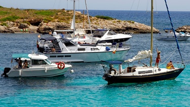 Segelboote ankern auf Seegraswiesen in der Playa des Ses Illetes, Formentera. | Bild: picture-alliance/dpa / Michael Zegers