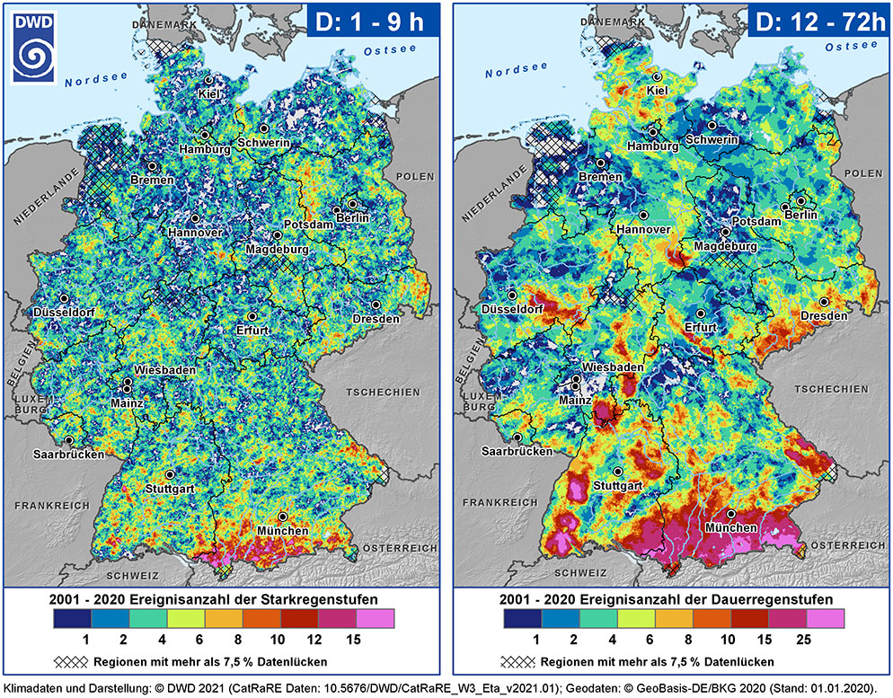 Karte: Entwicklung von Starkregen/Dauerregen 2001-2020 in Deutschland | Bild: DWD