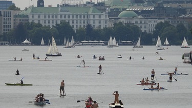 Stand-up-Paddler und Boote fahren auf der Außenalster vor der Kulisse Hamburgs. | Bild: picture alliance / rtn - radio tele nord | rtn, frank bründel