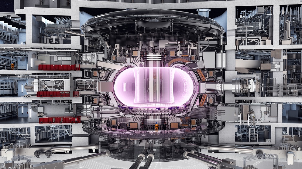 Das Schema des geplanten Fusionsreaktors ITER zeigt im Inneren das violett gefärbte Plasma: ein extrem heißes Gemisch aus leichten Atomkernen, die miteinander verschmelzen und so Energie freisetzen können. | Bild: © ITER Organization, http://www.iter.org/ 