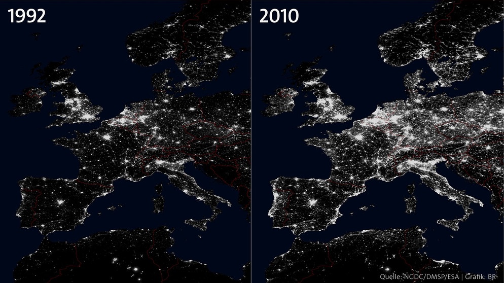 Satellitenbilder von Europa bei Nacht: Links ist die Beleuchtung europäischer Städte im Jahr 1992 zu sehen, rechts zum Vergleich dagegen die enorme Hellligkeit im Jahr 2010. Lichtverschmutzung ist ein wachsendes Problem. | Bild: NASA