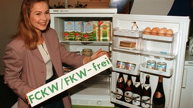 Ein FCKW-freier Kühlschrank wird vorgestellt | Bild: picture-alliance/dpa