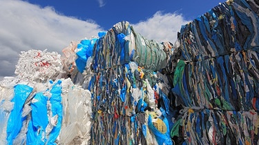 Ballen mit Plastikfolien fuer das Kunststoffrecycling in einem Recyclingbetrieb | Bild: picture-alliance/dpa/Bildagentur-online