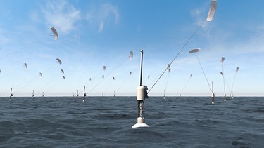 Ein computergeneriertes Bild zeigt Anlagen mit schwimmenden Plattformen und Zugdrachen, die Strom aus Höhenwind gewinnen.  | Bild: picture alliance/SkySails