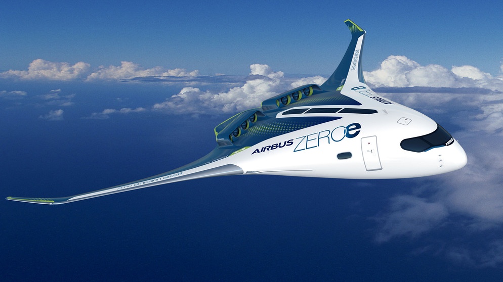 Konzept für ein Flugzeug mit Wasserstoffantrieb für bis zu 200 Passagiere.  | Bild: picture alliance/dpa/Airbus