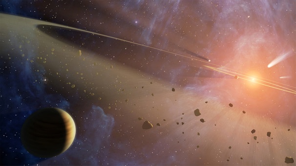 Grafische Darstellung des planetarischen Systems um den Stern Epsilon Eridani mit Asteroidengürteln. Auch um unsere Sonne sind tausende Asteroiden in der Staubscheibe der jungen Sonne entstanden. | Bild: NASA/JPL-Caltech 