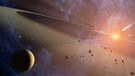 Grafische Darstellung des planetarischen Systems um den Stern Epsilon Eridani mit Asteroidengürteln. Auch um unsere Sonne sind tausende Asteroiden in der Staubscheibe der jungen Sonne entstanden. | Bild: NASA/JPL-Caltech 