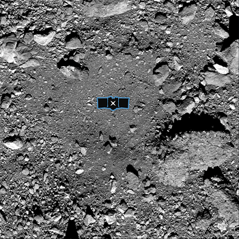 Nightingale heißt die geplante Probenentnahmestelle auf dem Asteroid Bennu für die Sonde Osiris-Rex. Die Asteroidensonde wird auf Bennu nicht landen, sondern nur mit einem Staubsauger Proben des Bodenmaterials einsaugen. | Bild: NASA/University of Arizona/Goddard