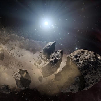 Asteroid zerbricht (Illustration). Durch Zusammenstöße kommt es immer wieder vor, dass Asteroiden zerbrechen. Die Bruchstücke - Meteoroide - können zu gefährlichen Geschossen werden, da ihre Flugbahn nicht mehr kalkulierbar ist. Erdnahe Asteroiden werden von Astronomen engmaschig überwacht, um einen Asteroideneinschlag auf der Erde möglichst zu verhindern. | Bild: NASA/JPL Caltech