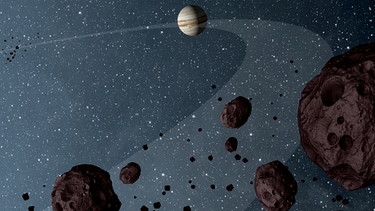 Asteroiden auf der gleichen Umlaufbahn wie Jupiter (Illustration). Als Trojaner bezeichnet man Asteroiden, die etwa von Jupiter mit seiner Gravitation in Bann gehalten werden | Bild: NASA