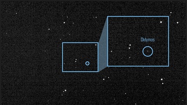 Asteroid Didymos, fotografiert von der DART-Sonde, grisseliges Bild mit mehreren Punkten, die die Asteroiden zeigen. 20 Millionen Kilometer entfernt.  | Bild: JPL DART Navigation Team