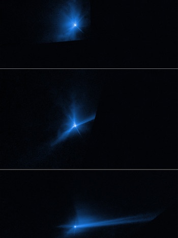 Das Hubble-Weltraumteleskop hat den Aufprall der DART-Sonde auf dem Asteroiden Dimorphos beobachtet. Aufgrund des Aufpralls wurde über eine Million Kilogramm an Gestein und Staub ins All geschleudert und erzeugten so eine Art Kometenschweif.  | Bild: NASA, ESA, STScI, J. Li (PSI)