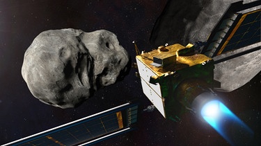 Die NASA-Sonde DART auf dem Weg zum Asteroiden Dimorphos, in den sie einschlagen soll (Illustration). | Bild: NASA / Johns Hopkins APL