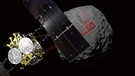 Raumsonde Hayabusa 2 kurz vor dem Aufsetzen auf Asteroid Ryugu (1999 JU3). Hayabusa 2 kommt mit dem DLR-Lander MASCOT im Gepäck. | Bild: JAXA